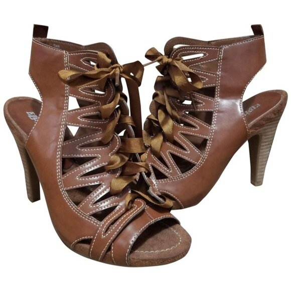 Eldita's 4" Lace Up Gladiator Heels Tan Stiletto Sz 8.5 M Womens Open-Toe Molded - Picture 6 of 8